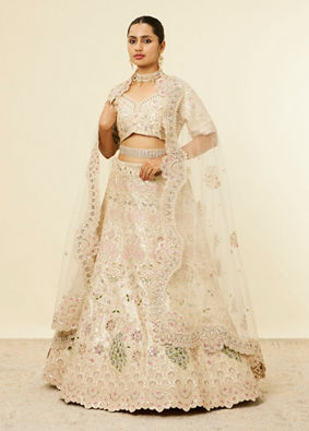 alt message - Mohey Women Dark Cream Floral Patterned Lehenga with Peacock Motifs image number 2